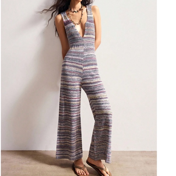 Boho Multicolor Stripes Knit V neck SleeveLess Wide leg Jumpsuit - Picture 5 of 6
